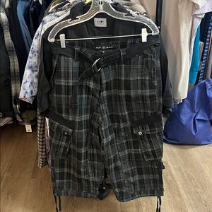 Men's Black Plaid Belted Cargo Shorts